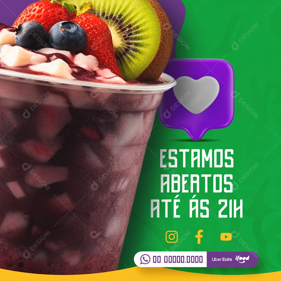 Açaiteria Estamos Abertos Até às 21h Social Media PSD Editável