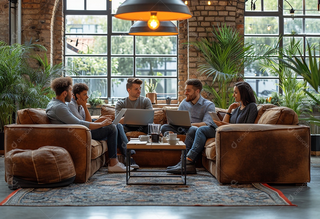 Grupo jovem e diversificado de pessoas tomando café e relaxando após o trabalho no escritório da empresa de marketing