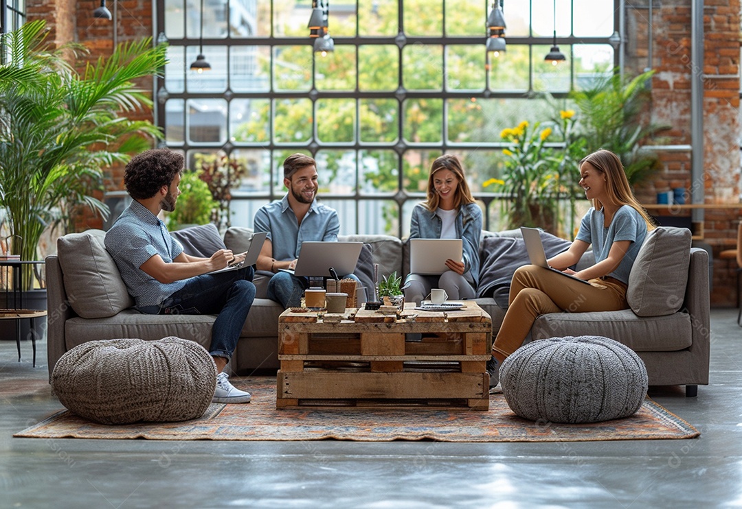 Grupo jovem e diversificado de pessoas tomando café e relaxando após o trabalho no escritório da empresa de marketing