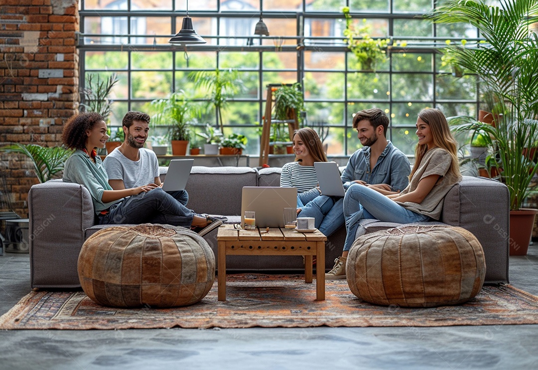 Grupo jovem e diversificado de pessoas tomando café e relaxando após o trabalho no escritório da empresa de marketing