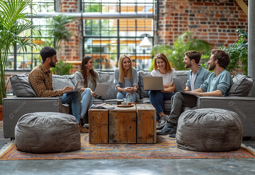 Grupo jovem e diversificado de pessoas tomando café e relaxando após o trabalho no escritório da empresa de marketing
