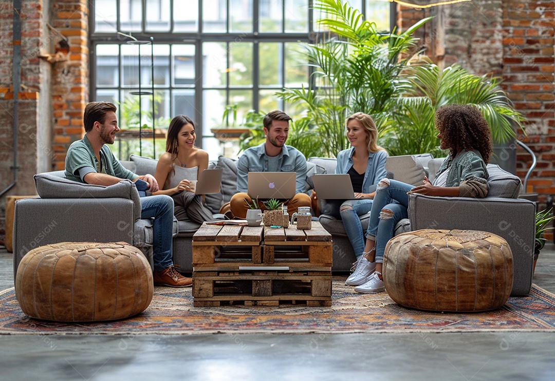 Grupo jovem e diversificado de pessoas tomando café e relaxando após o trabalho no escritório da empresa de marketing