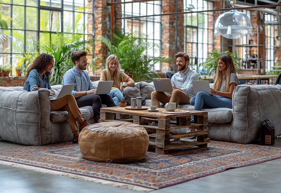 Grupo jovem e diversificado de pessoas tomando café e relaxando após o trabalho no escritório da empresa de marketing