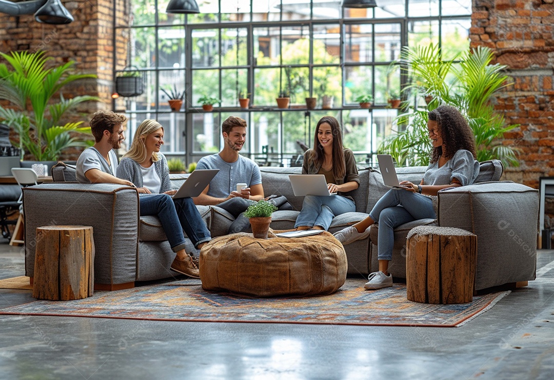 Grupo jovem e diversificado de pessoas tomando café e relaxando após o trabalho no escritório da empresa de marketing