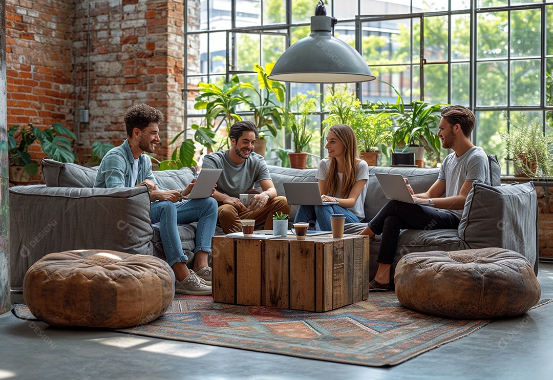 Grupo jovem e diversificado de pessoas tomando café e relaxando após o trabalho no escritório da empresa de marketing