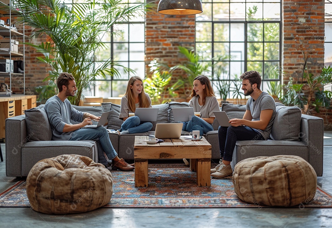 Grupo jovem e diversificado de pessoas tomando café e relaxando após o trabalho no escritório da empresa de marketing