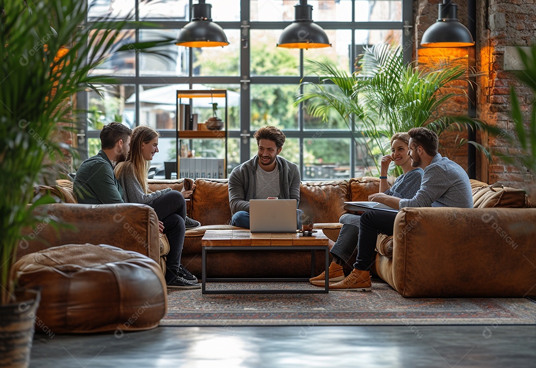 Grupo jovem e diversificado de pessoas tomando café e relaxando após o trabalho no escritório da empresa de marketing