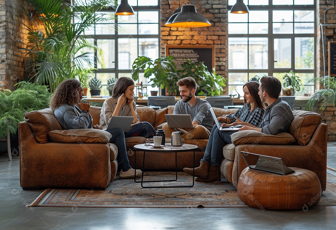 Grupo jovem e diversificado de pessoas tomando café e relaxando após o trabalho no escritório da empresa de marketing