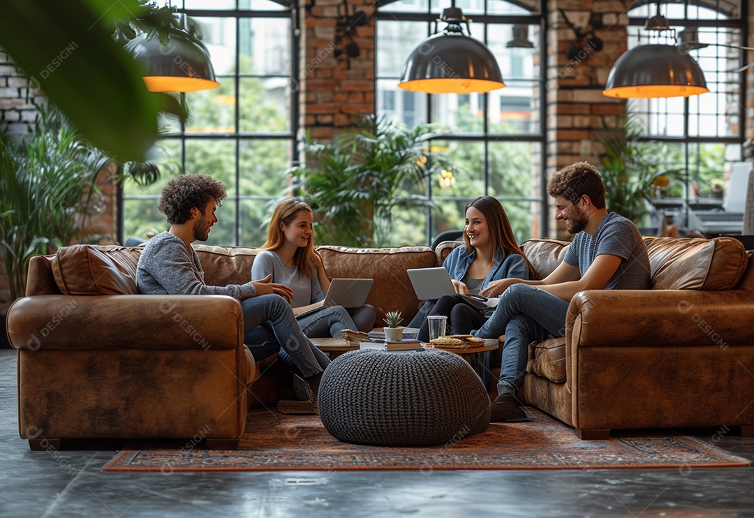 Grupo jovem e diversificado de pessoas tomando café e relaxando após o trabalho no escritório da empresa de marketing
