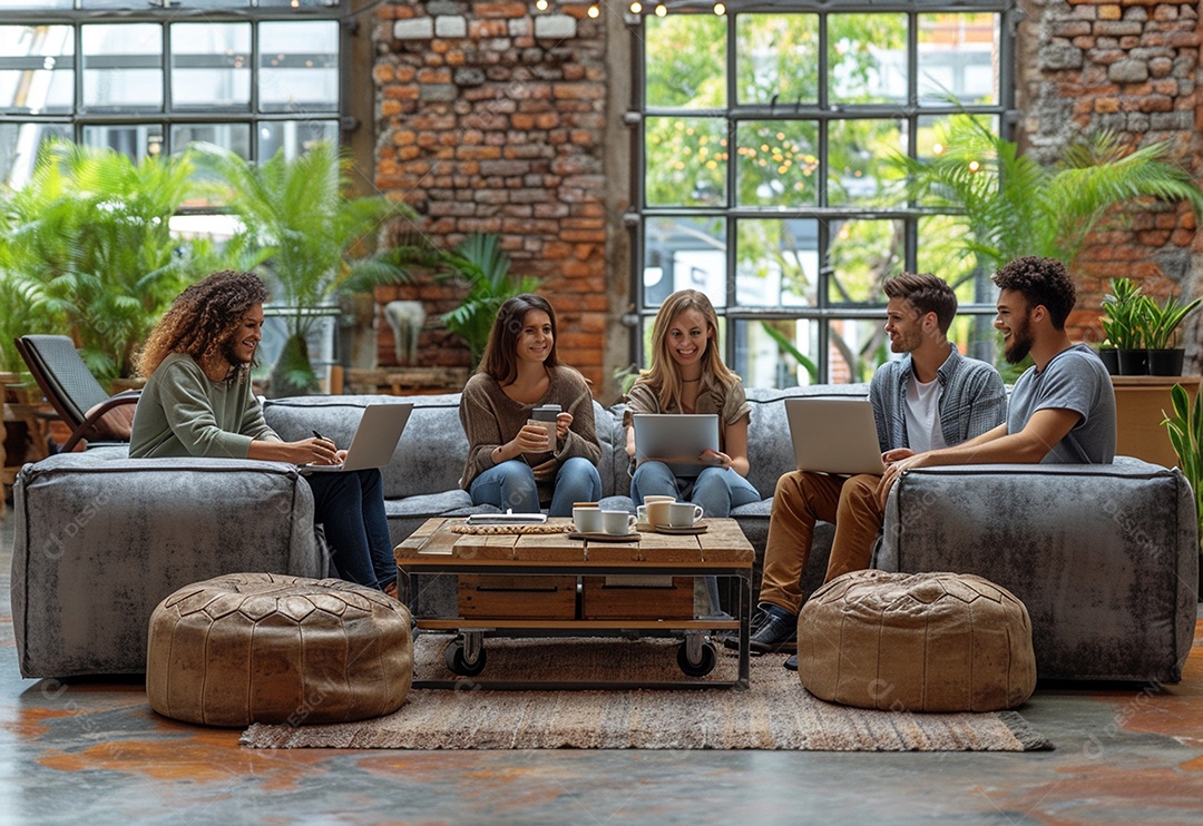 Grupo jovem e diversificado de pessoas tomando café e relaxando após o trabalho no escritório da empresa de marketing
