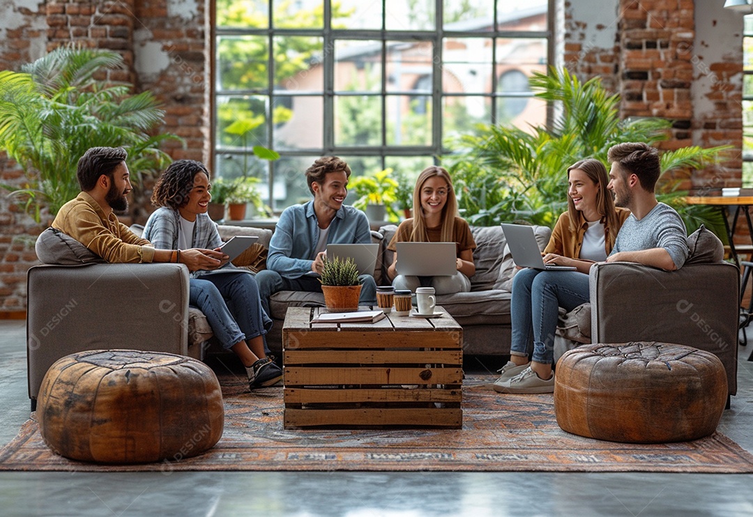 Grupo jovem e diversificado de pessoas tomando café e relaxando após o trabalho no escritório da empresa de marketing