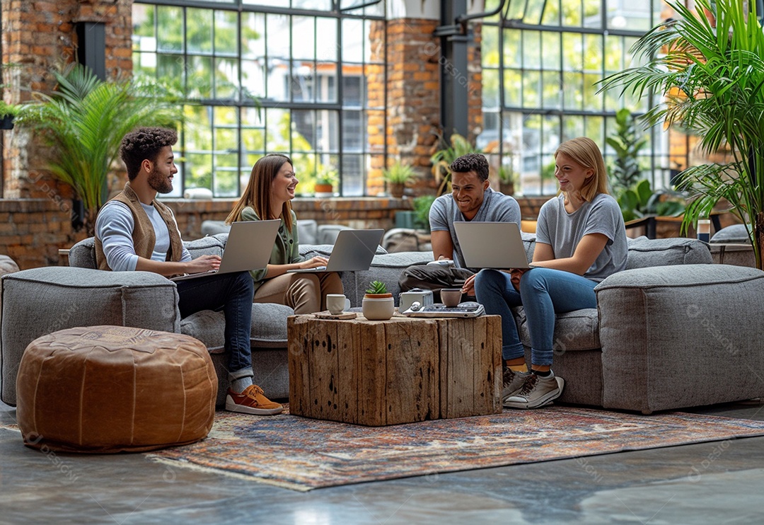 Grupo jovem e diversificado de pessoas tomando café e relaxando após o trabalho no escritório da empresa de marketing