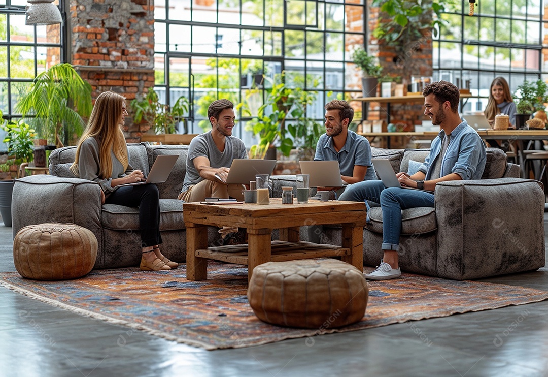 Grupo jovem e diversificado de pessoas tomando café e relaxando após o trabalho no escritório da empresa de marketing