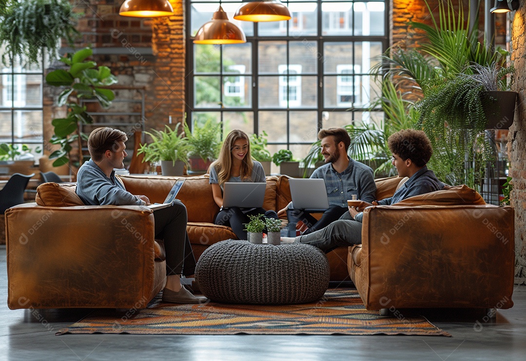 Grupo jovem e diversificado de pessoas tomando café e relaxando após o trabalho no escritório da empresa de marketing