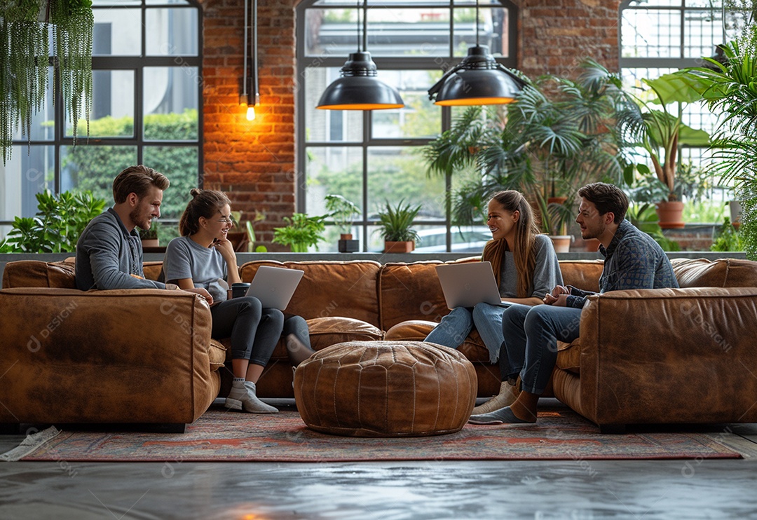 Grupo jovem e diversificado de pessoas tomando café e relaxando após o trabalho no escritório da empresa de marketing