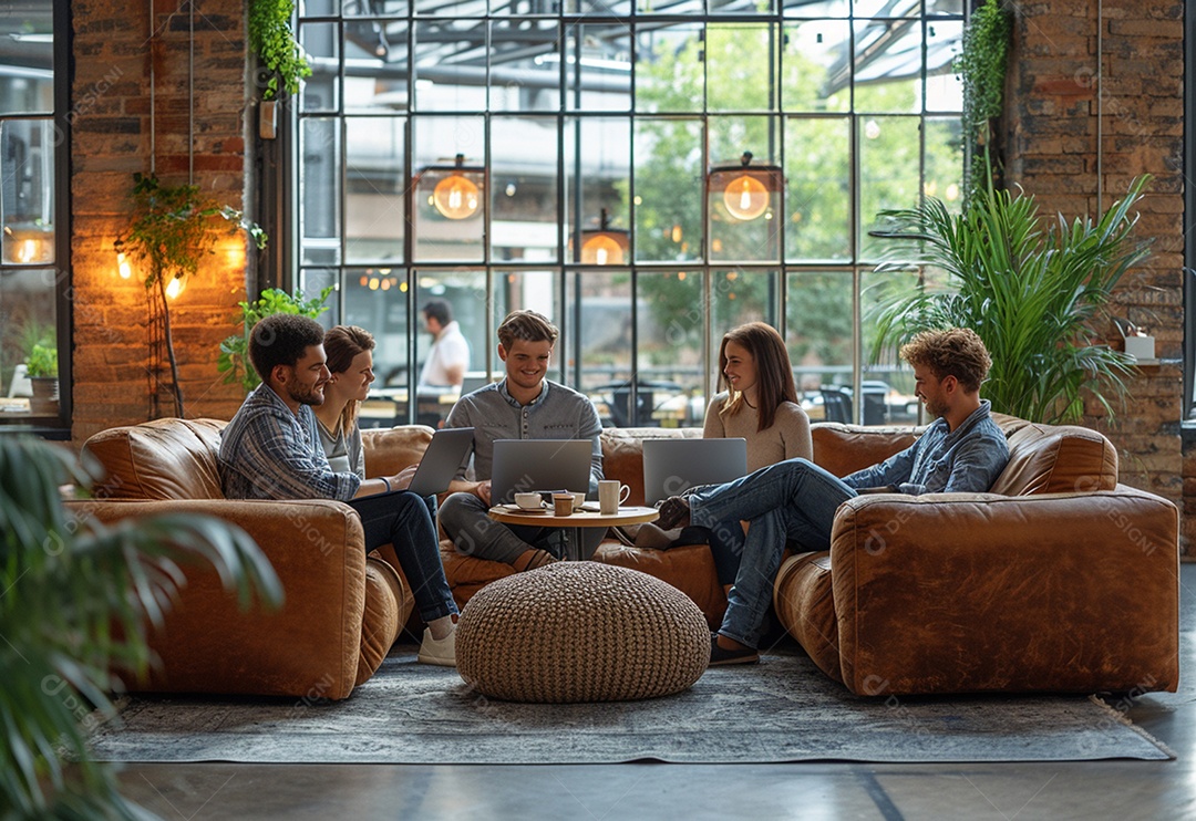 Grupo jovem e diversificado de pessoas tomando café e relaxando após o trabalho no escritório da empresa de marketing