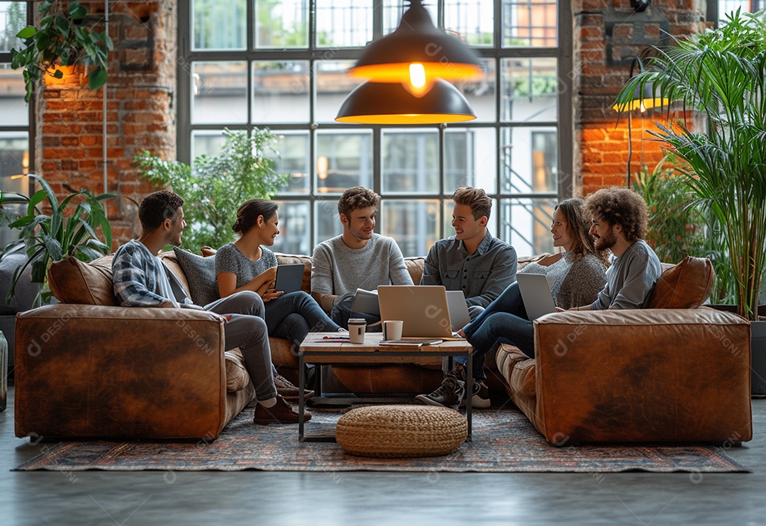 Grupo jovem e diversificado de pessoas tomando café e relaxando após o trabalho no escritório da empresa de marketing