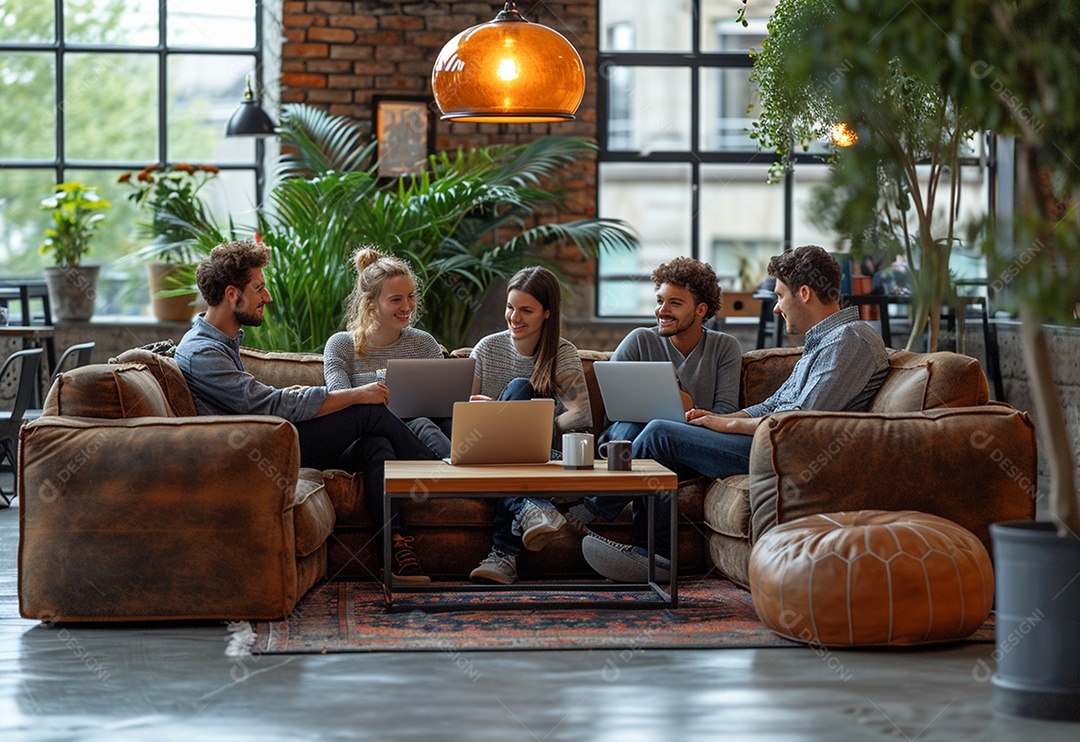 Grupo jovem e diversificado de pessoas tomando café e relaxando após o trabalho no escritório da empresa de marketing