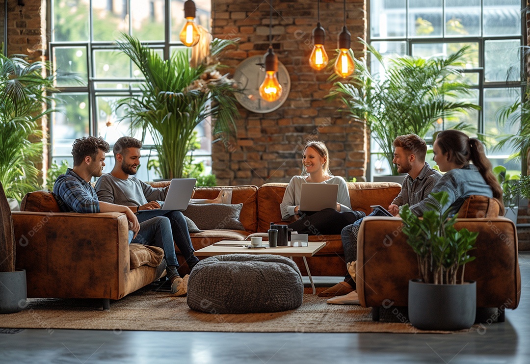 Grupo jovem e diversificado de pessoas tomando café e relaxando após o trabalho no escritório da empresa de marketing