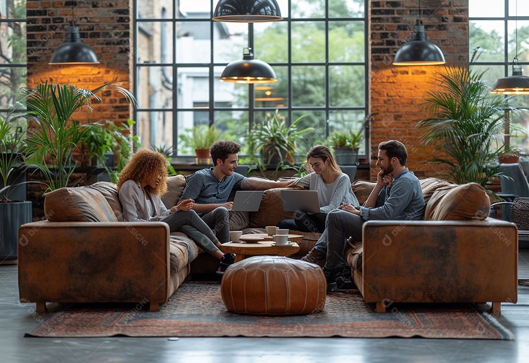 Grupo jovem e diversificado de pessoas tomando café e relaxando após o trabalho no escritório da empresa de marketing