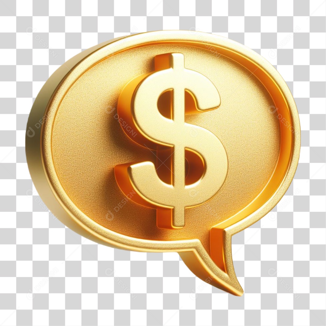 Cifrão em Caixa de Fala Elemento 3D Dourado para Composição PNG Transparente