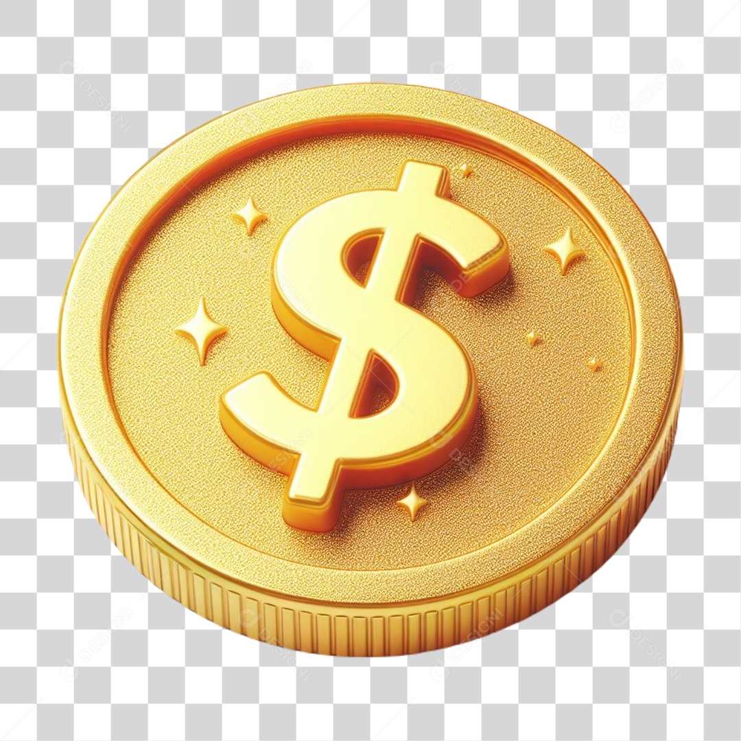 Elemento 3D Moeda Dinheiro Dourado para Composição PNG Transparente