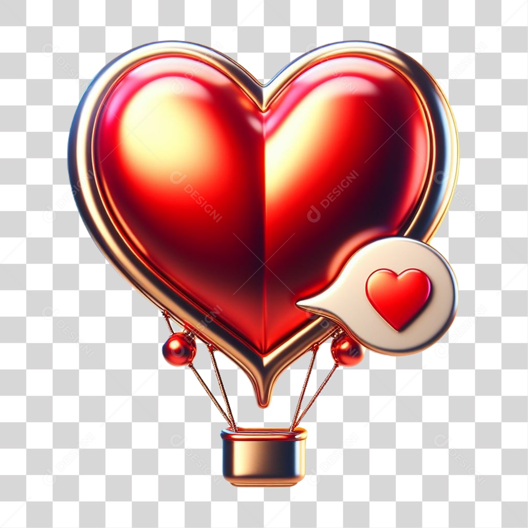 Coração em forma de Balão de Ar Elemento 3D Vermelho para Composição PNG Transparente