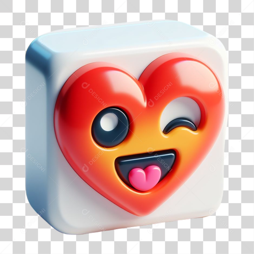 Emoji de Coração Alegre Elemento 3D Vermelho e Branco para Composição PNG Transparente
