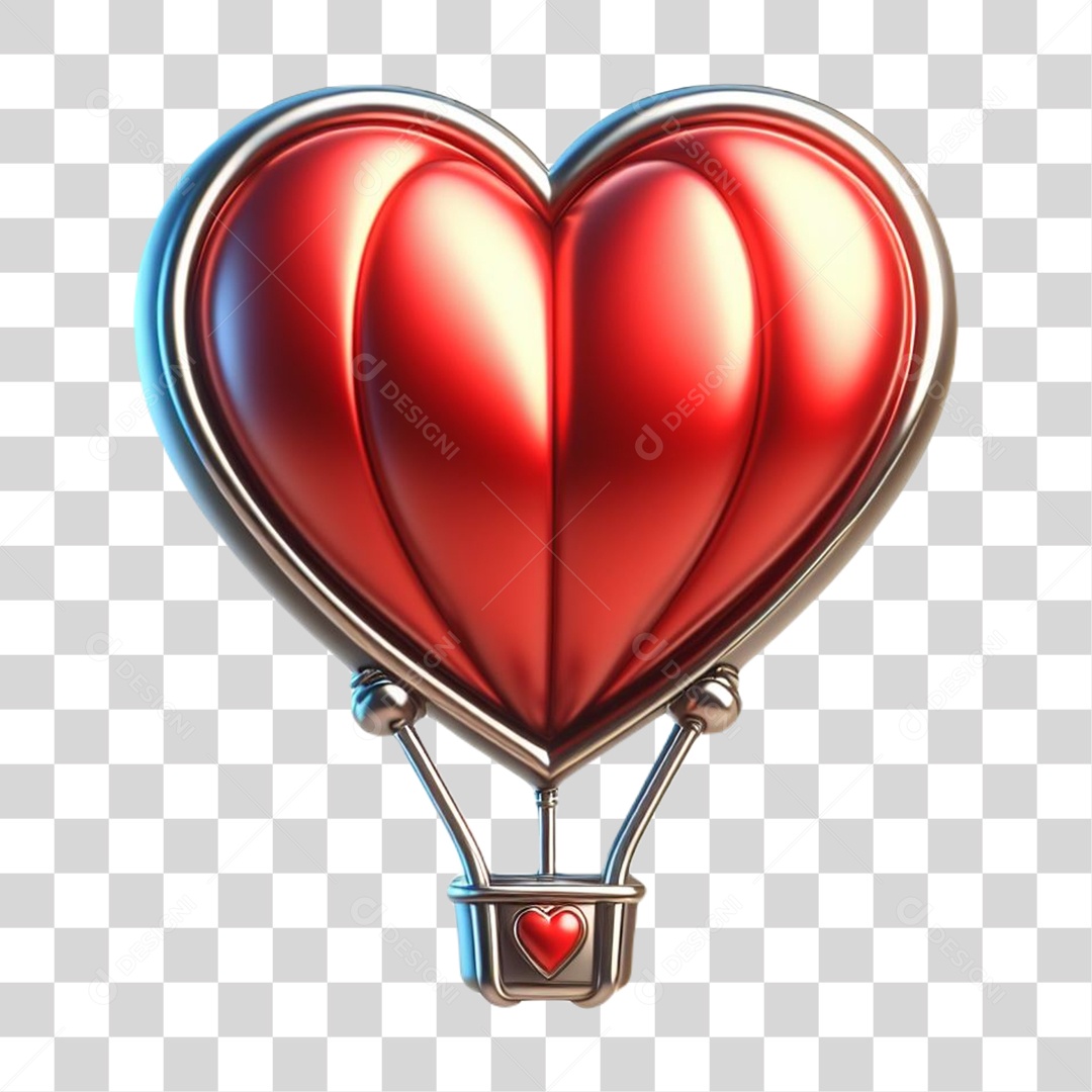 Coração em forma de Balão de Ar Elemento 3D Vermelho para Composição PNG Transparente