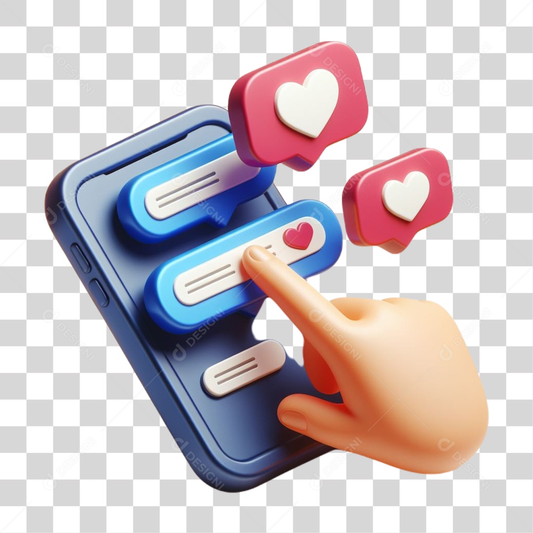 Mensagem de Notificação de Curtida em Celular Elemento 3D para Composição PNG Transparente