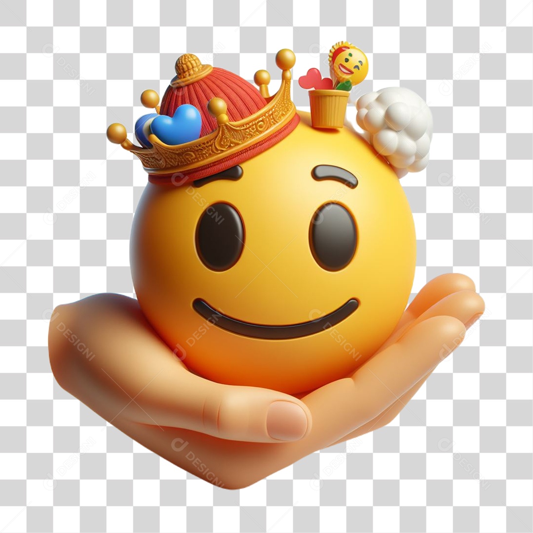 Mão Segurando Emoji com Coroa vaso de planta e Nuvem na cabeça Elemento 3D para Composição PNG Transparente