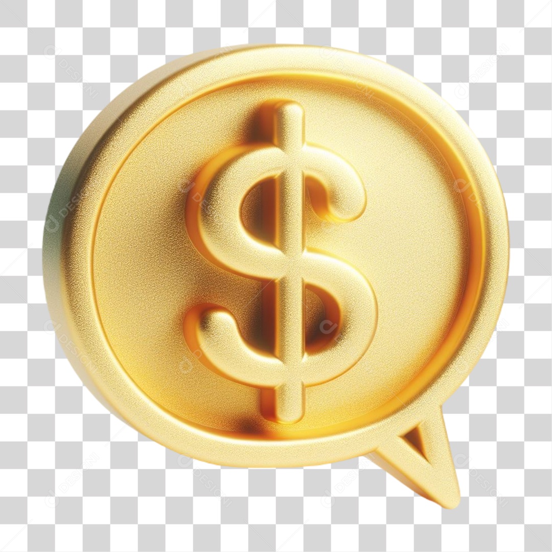 Cifrão em Caixa de Fala Elemento 3D Dourado para Composição PNG Transparente