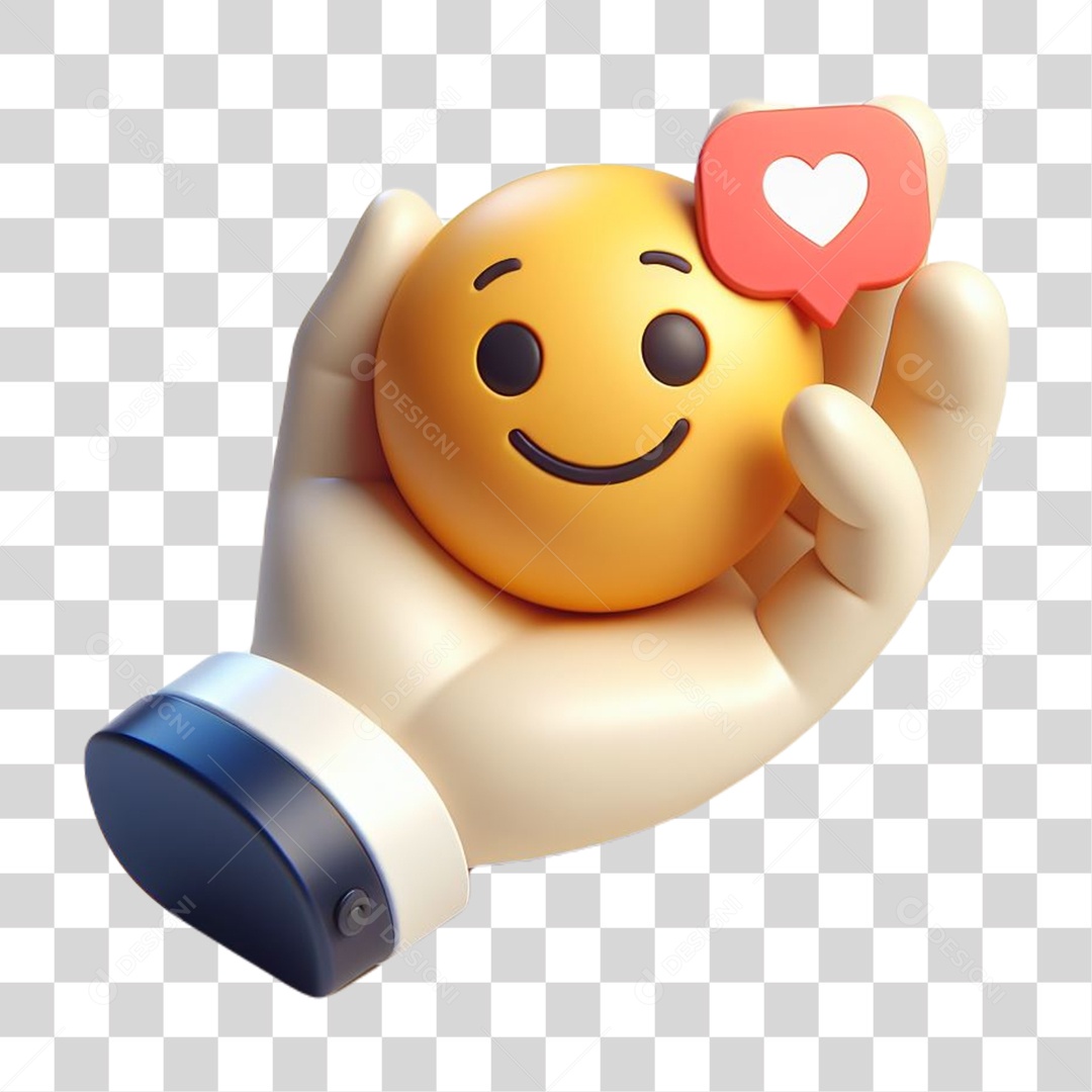 Mão Segurando Emoji com Coração Elemento 3D para Composição PNG Transparente