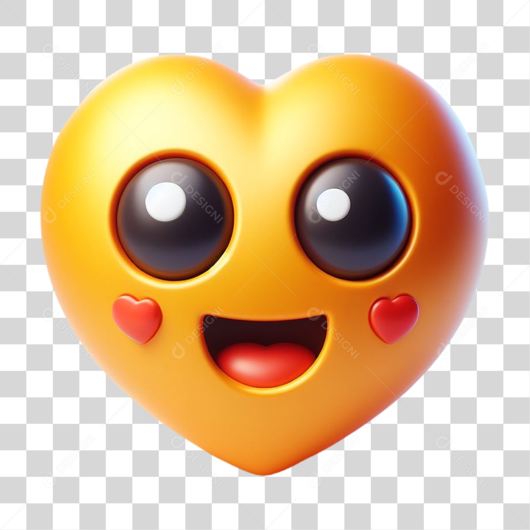 Coração Feliz Elemento 3D Amarelo para Composição PNG Transparente