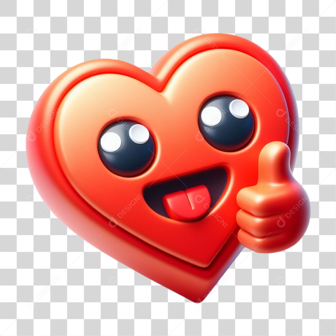 Coração Feliz Elemento 3D Vermelho para Composição PNG Transparente