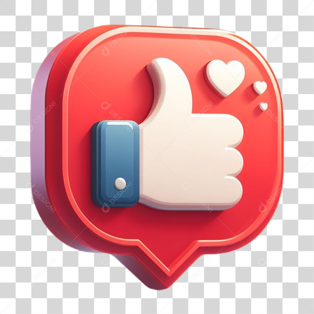 Elemento 3D Like em Coração para Composição PNG Transparente