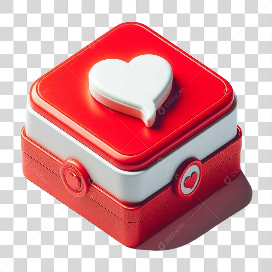 ícone de Coração Elemento 3D Vermelho e Branco para Composição PNG Transparente