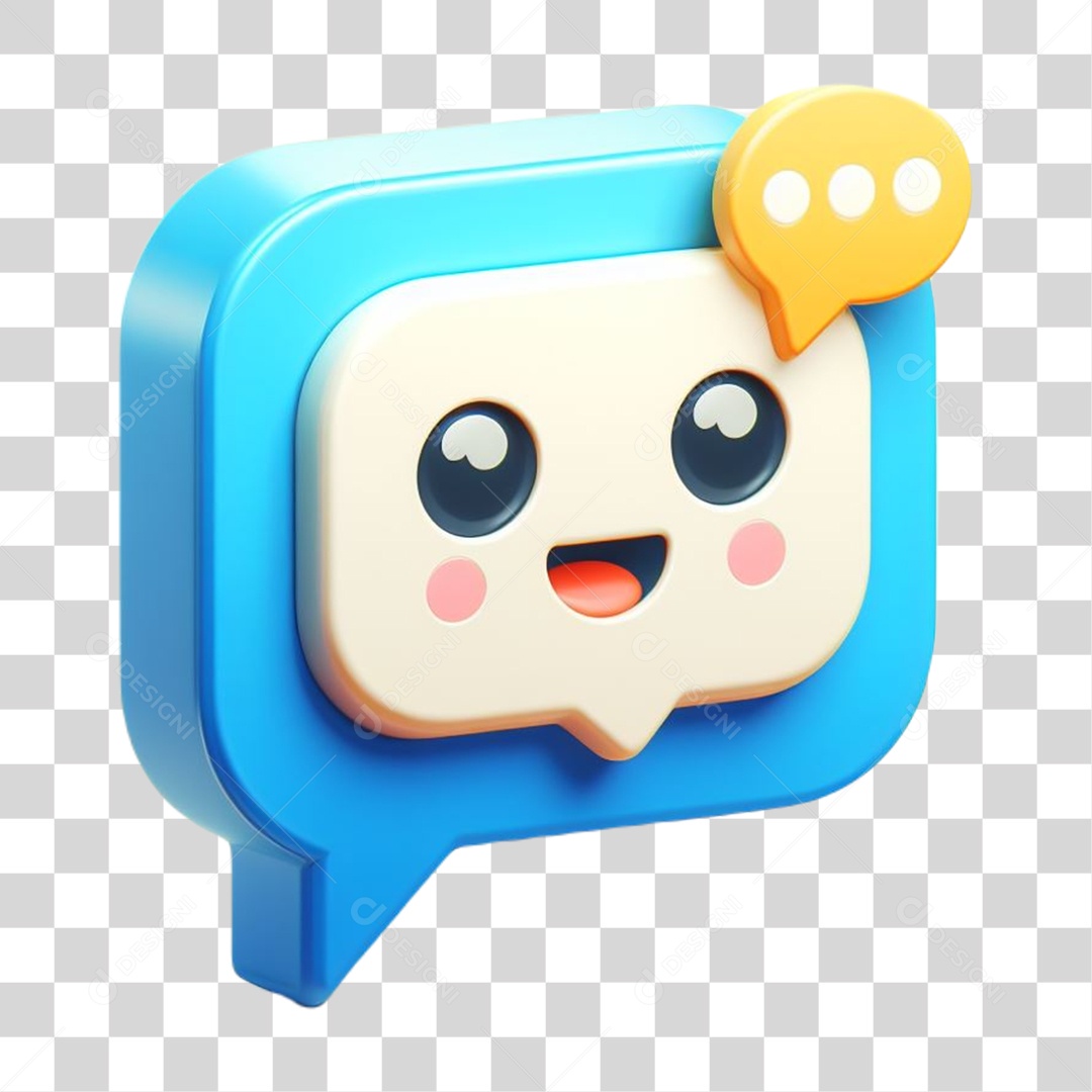 Caixa de Fala Feliz Elemento 3D Azul e Amarelo para Composição PNG Transparente