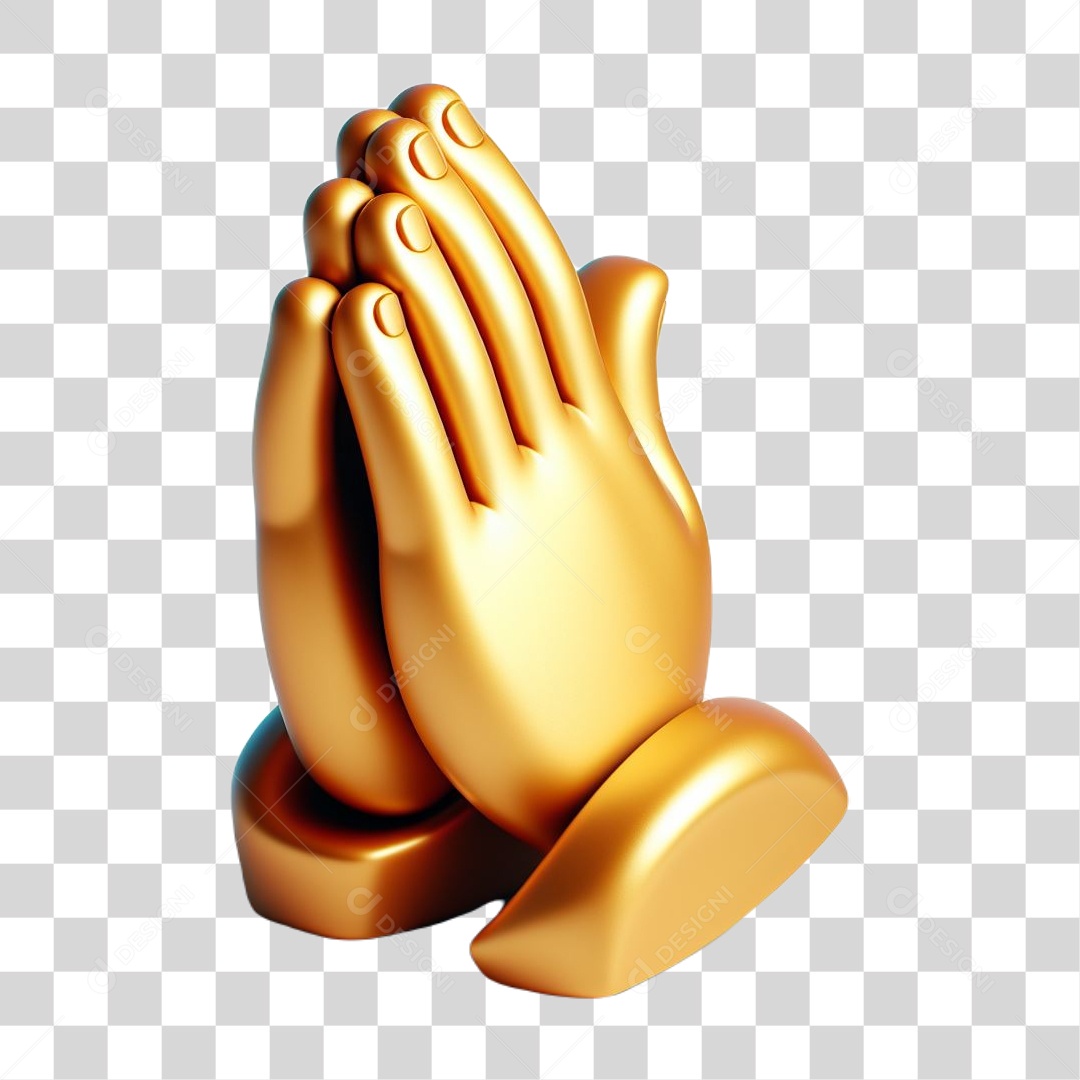 Mão Fazendo Gesto de Oração Reza Elemento 3D Dourado para Composição PNG Transparente