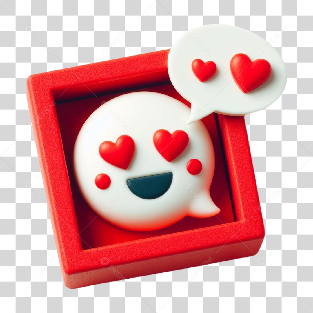 Emoji Apaixonado Elemento 3D Vermelho e Branco para Composição PNG Transparente