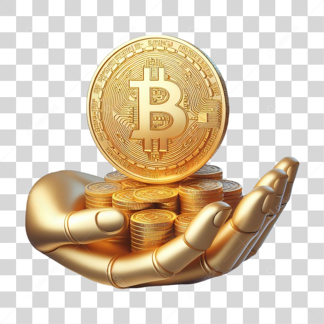 Mão Segurando Criptomoeda Bitcoin Elemento 3D para Composição PNG Transparente