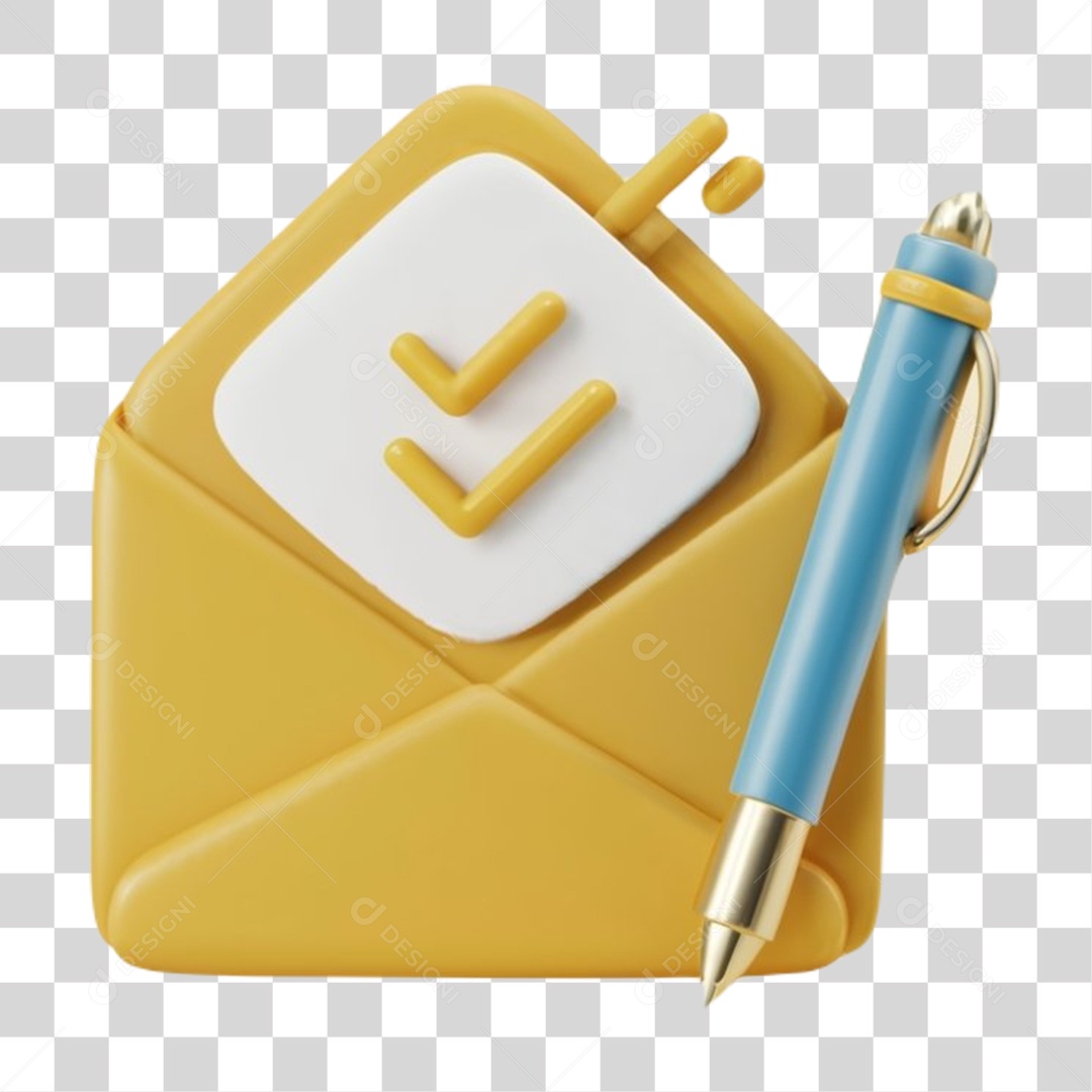 Marca de Seleção em Envelope de Carta com Caneta Elemento 3D para Composição PNG Transparente