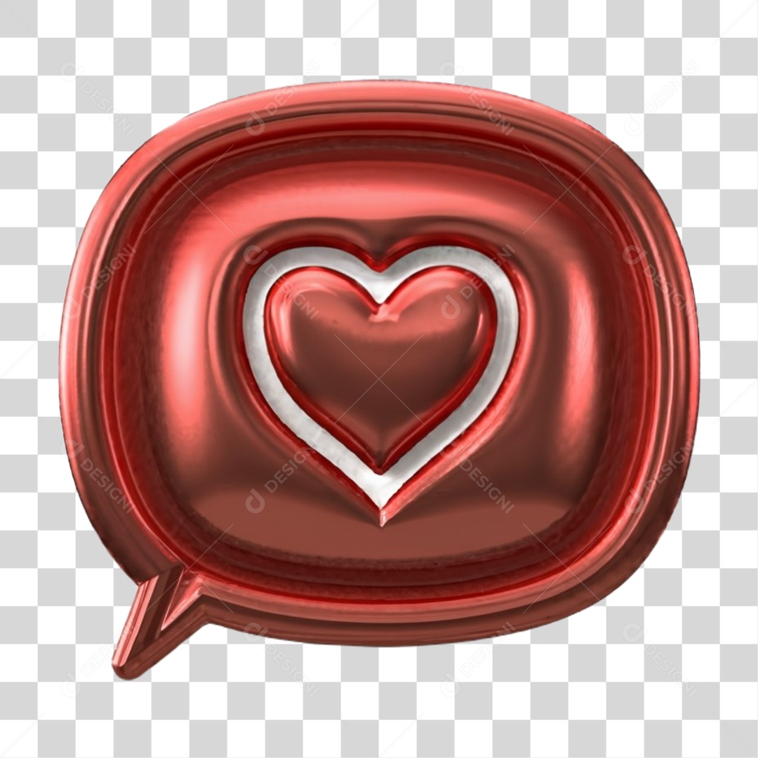 Balão Caixa de Fala Vermelho com Coração  Elemento 3D para Composição PNG Transparente