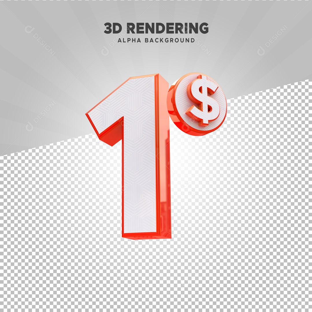 Número 1 com Ícone de Cifrão Elemento 3D Branco Vermelho para Composição PSD