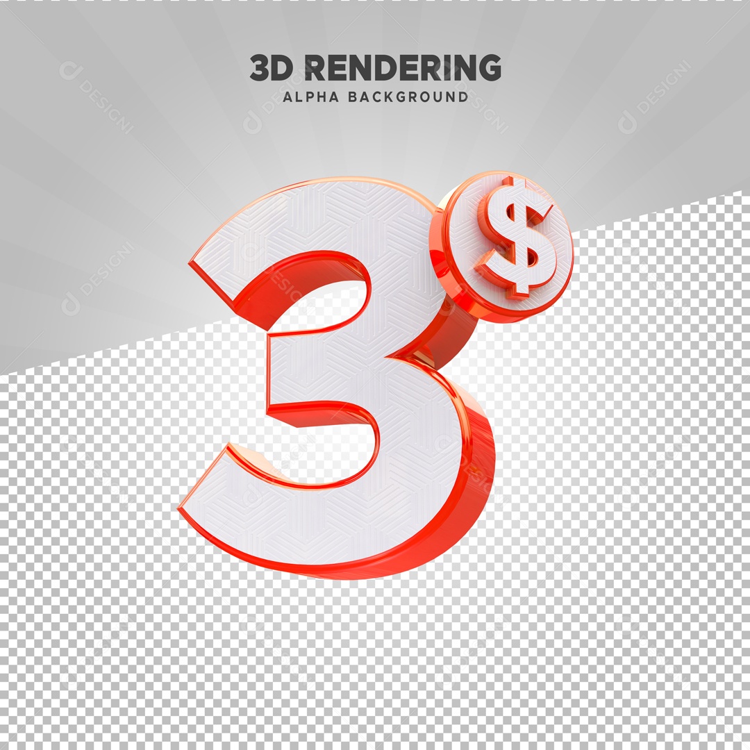 Número 3 com Ícone de Cifrão Elemento 3D para Composição PSD