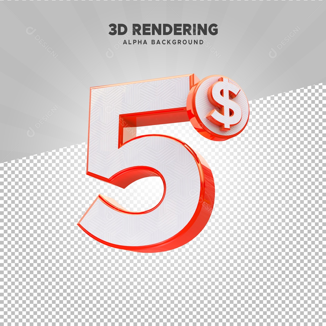 Número 5 com Ícone de Cifrão Elemento 3D Branco Vermelho para Composição PSD