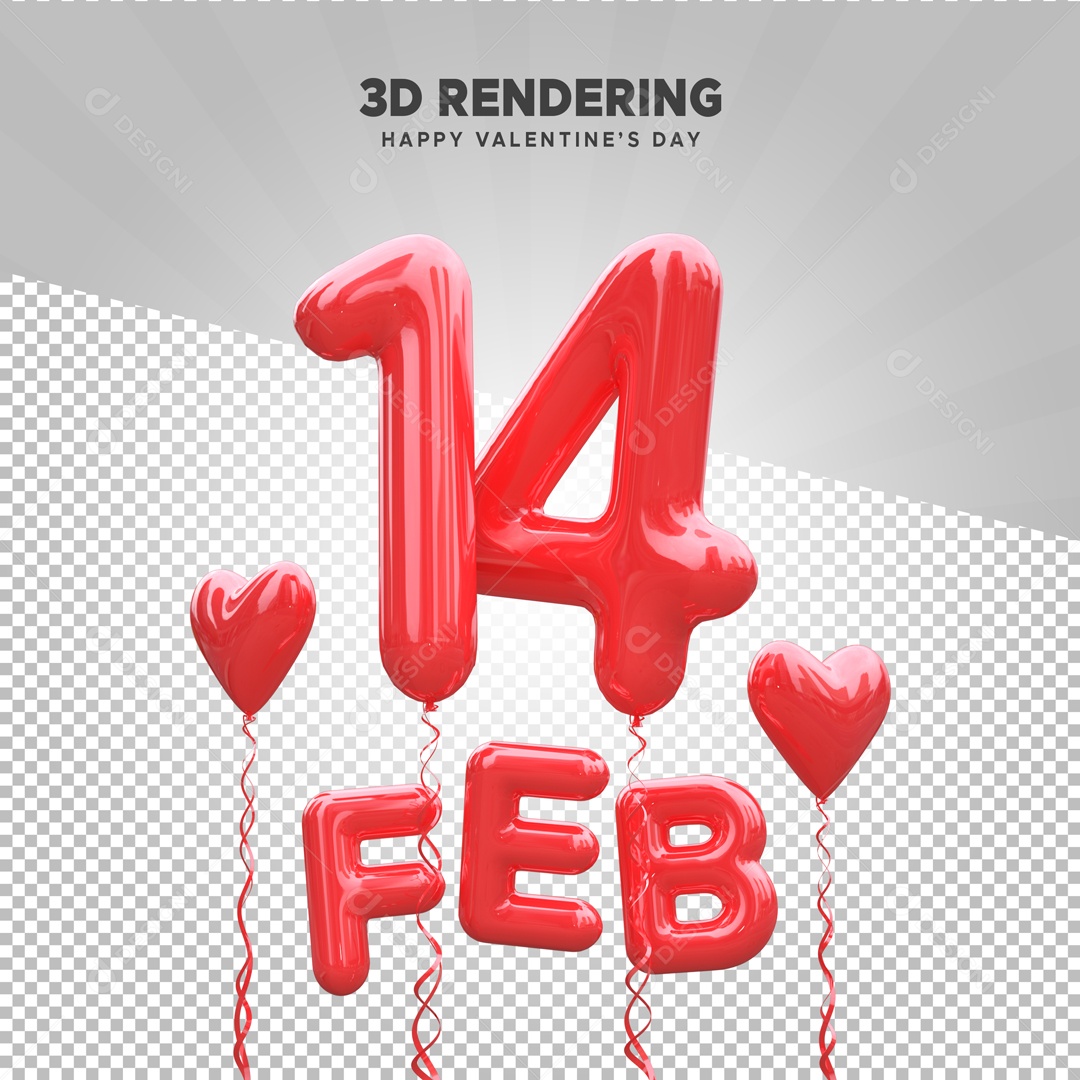 14 F E B Balões Elemento 3D Vermelho para Composição PSD