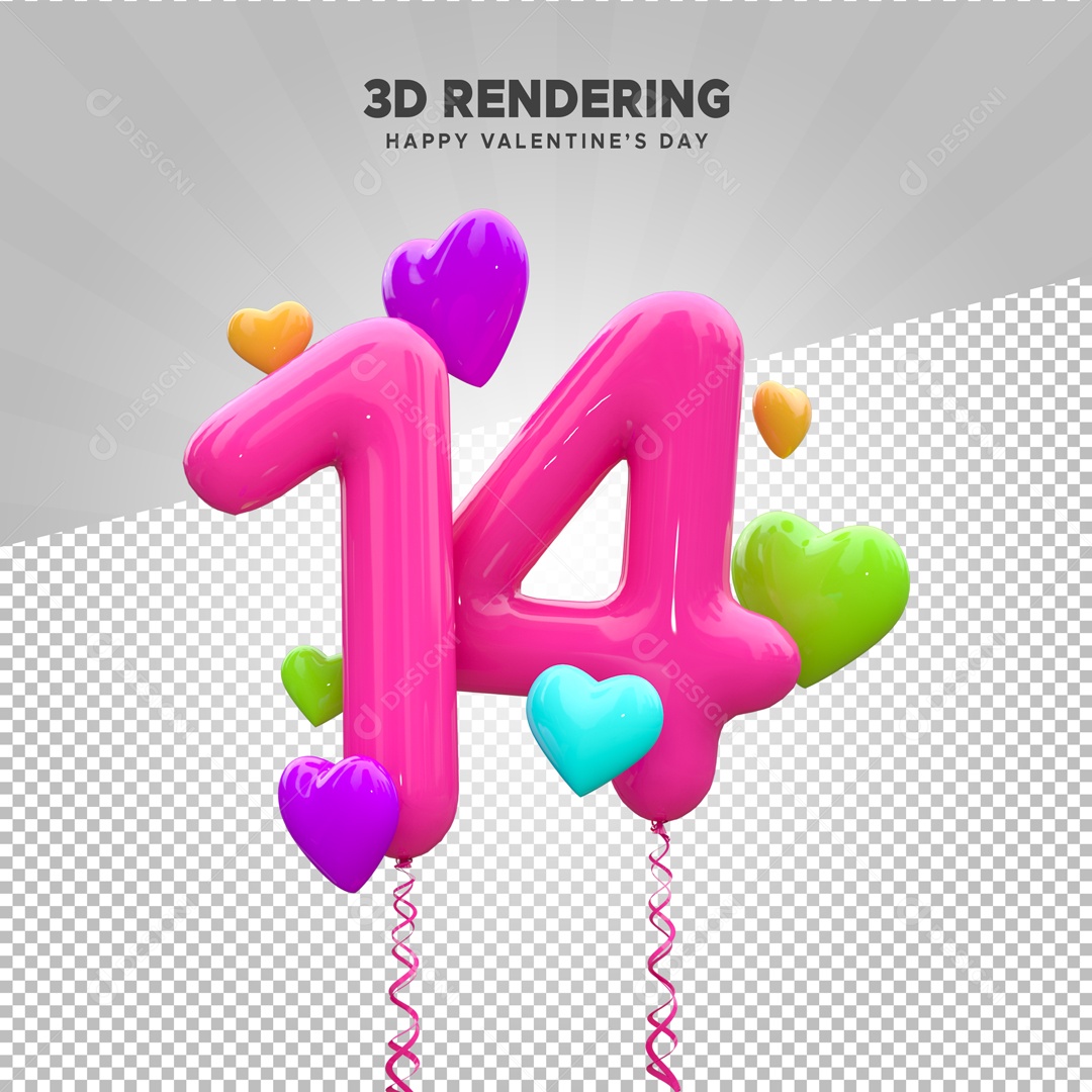 Balões de Número 14 e Corações Elemento 3D para Composição PSD