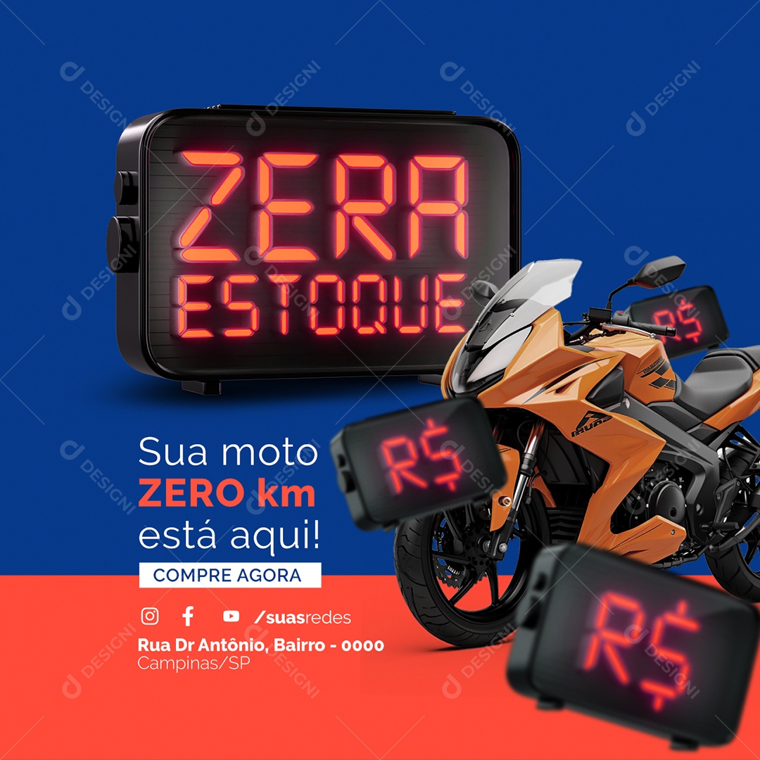 Concessionária de Motos Zera Estoque Sua moto Zero km está aqui Compre Agora Social Media PSD Editável
