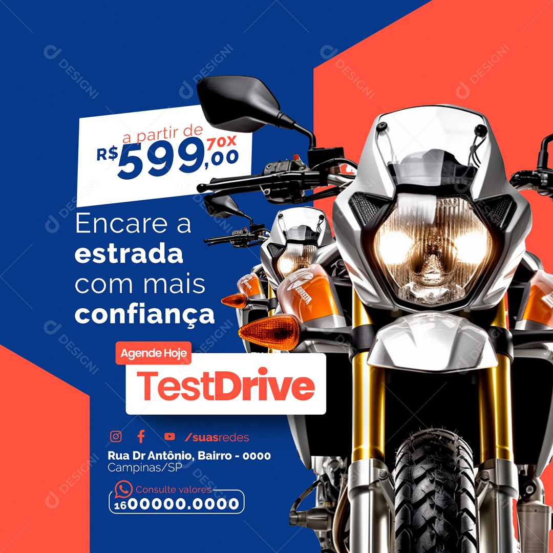 Concessionária de Motos Encare a estrada com mais confiança Agende Hoje Test Drive Social Media PSD Editável